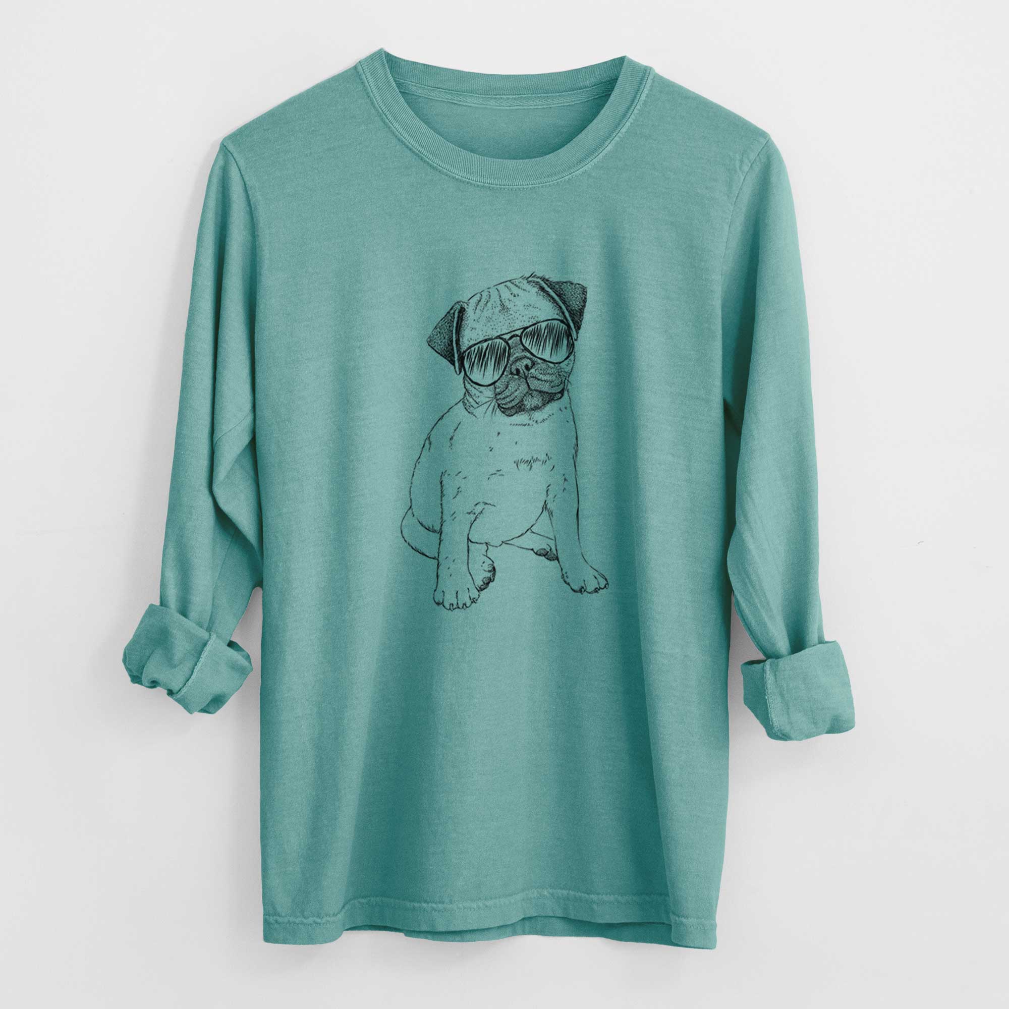Aviator Nelson the Pug Puppy - Men's Heavyweight 100% Cotton Long Sleeve - Image 9