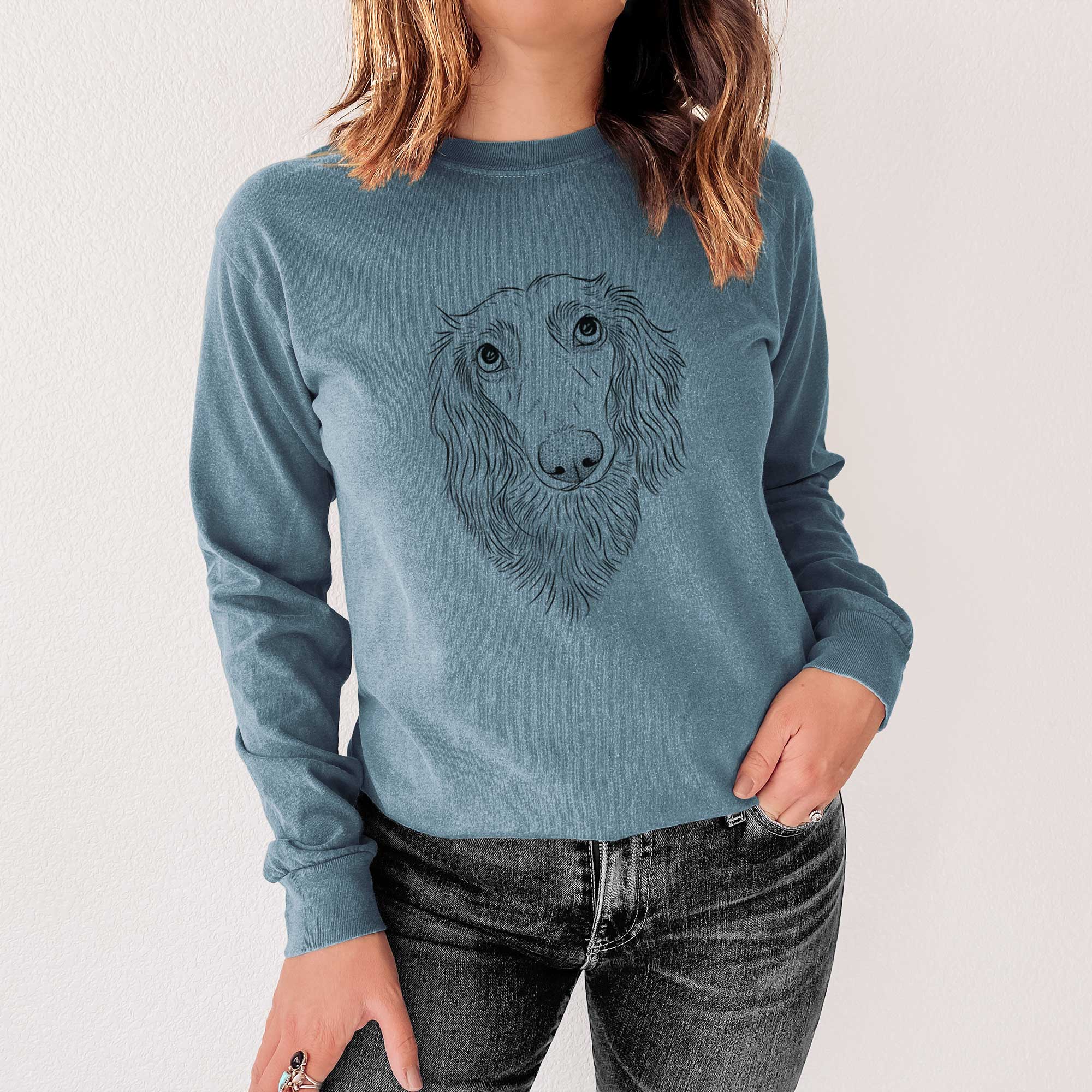 Bare Mr. Rusty the Long Haired Dachshund - Men's Heavyweight 100% Cotton Long Sleeve - Image 4