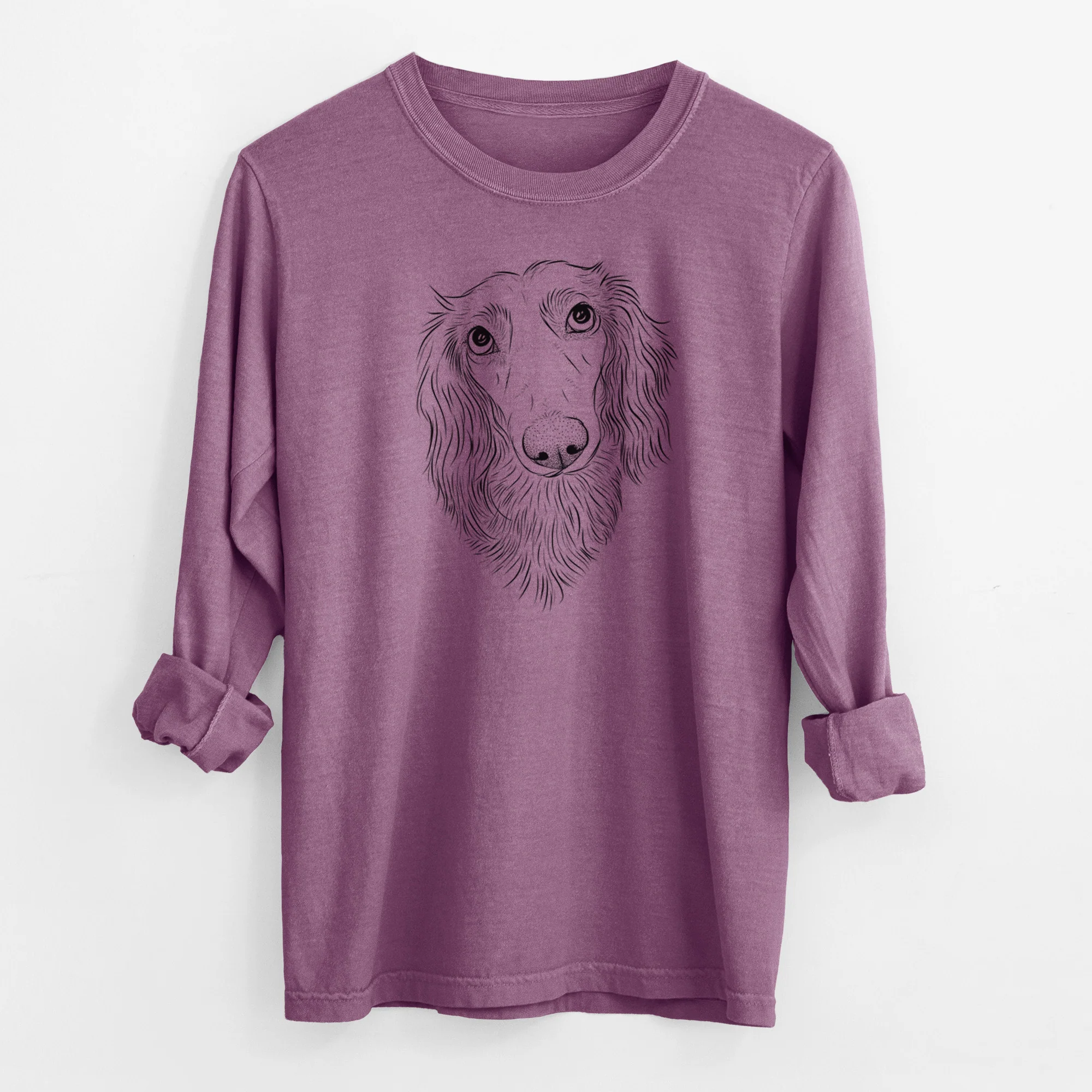 Bare Mr. Rusty the Long Haired Dachshund - Men's Heavyweight 100% Cotton Long Sleeve - Image 9