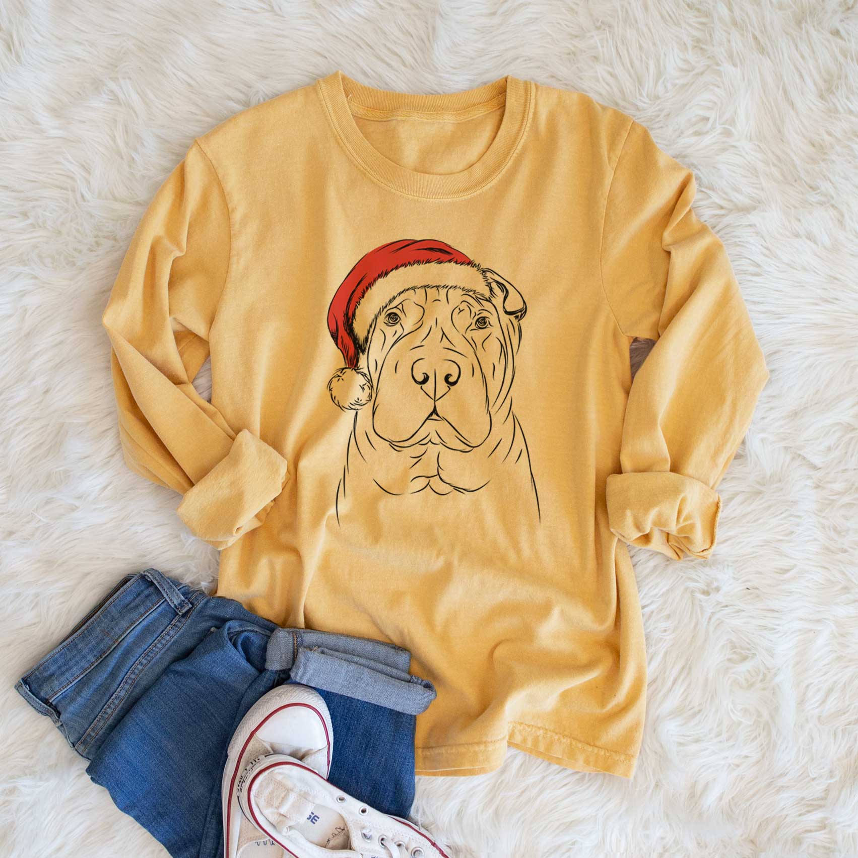 Santa Sharpy the Shar Pei - Men's Heavyweight 100% Cotton Long Sleeve - Image 6