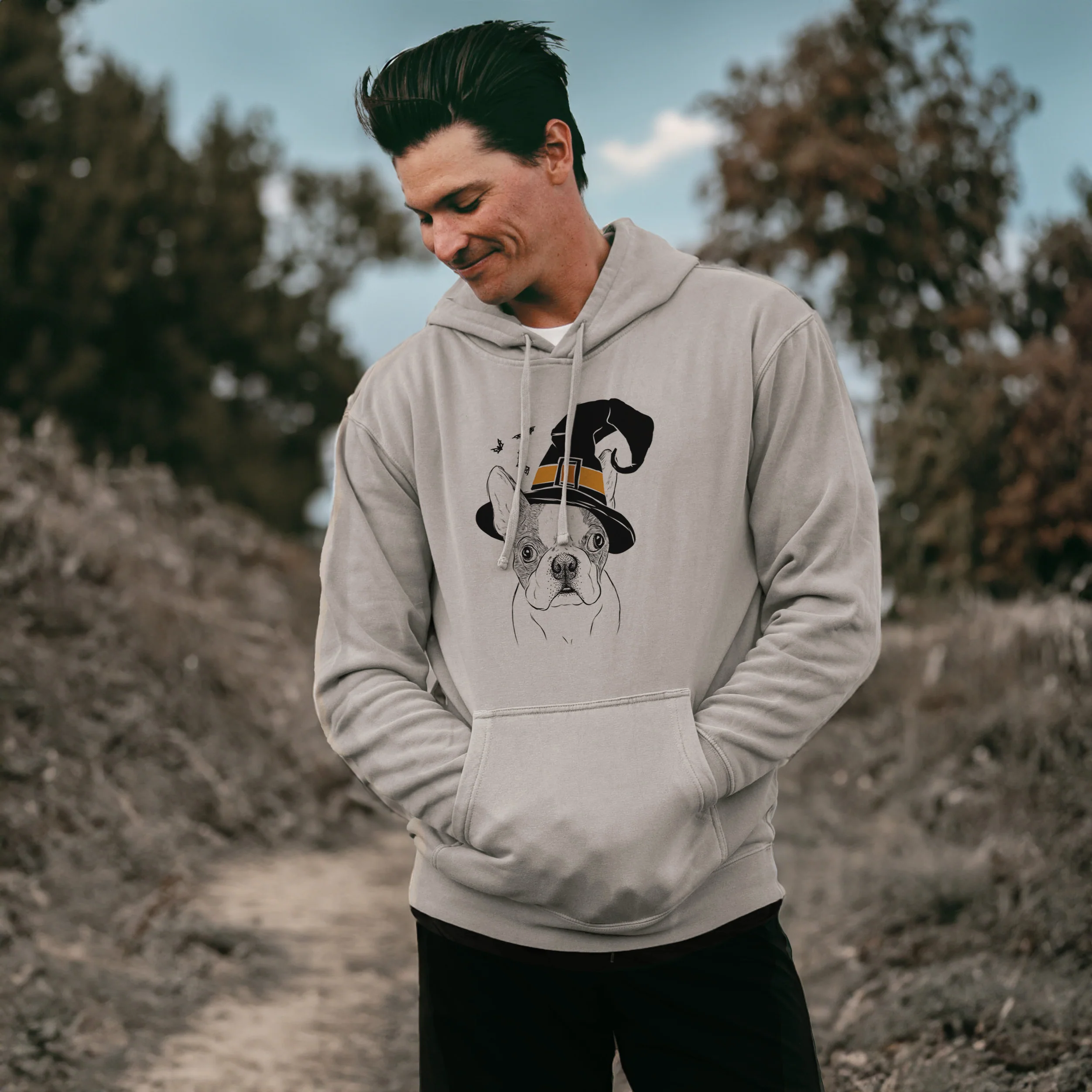 Witch Chocolate Chip the Boston Terrier - Unisex Pigment Dyed Hoodie - Image 3