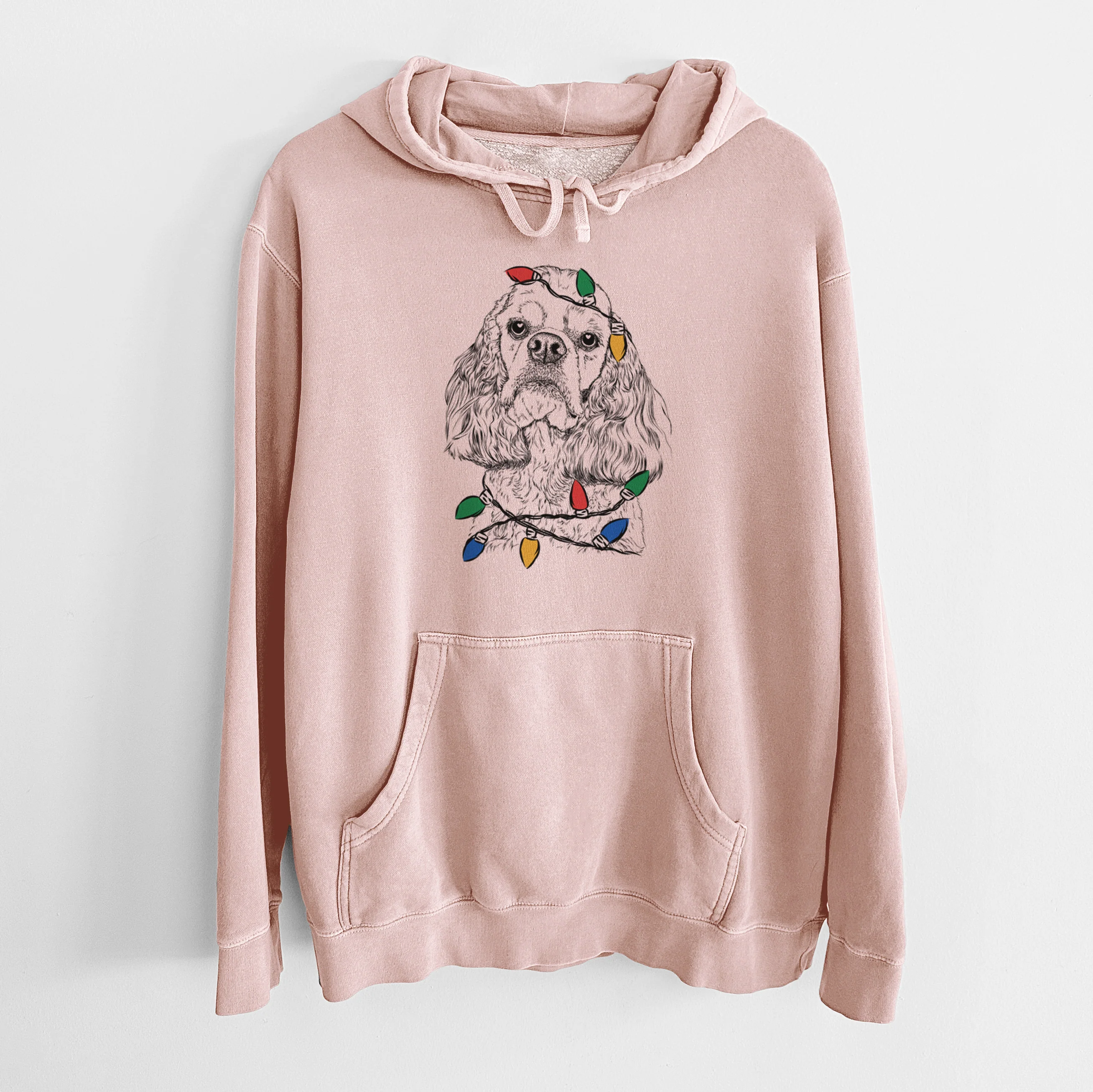 Christmas Lights Bailey the American Cocker Spaniel - Unisex Pigment Dyed Hoodie - Image 6