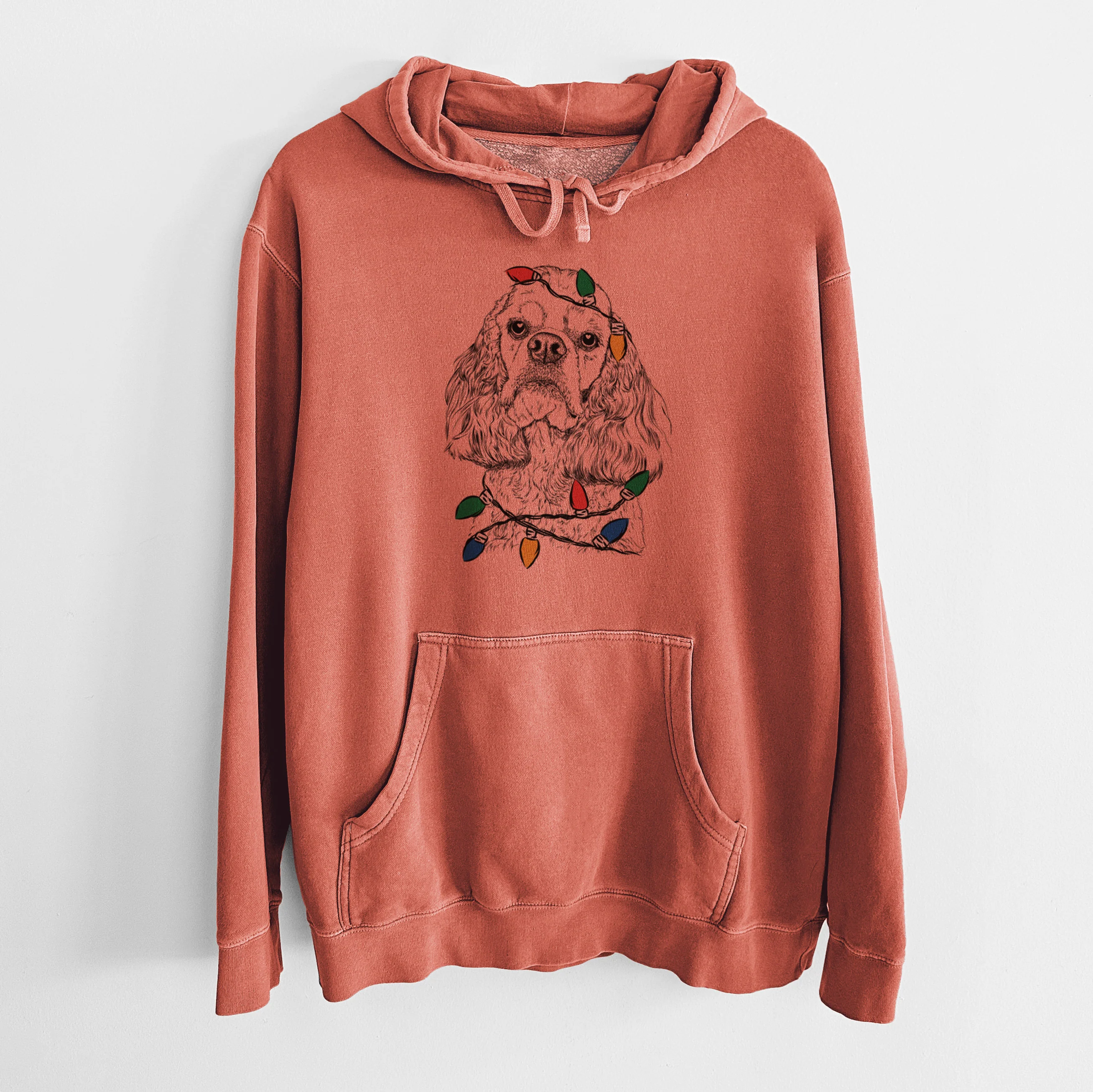 Christmas Lights Bailey the American Cocker Spaniel - Unisex Pigment Dyed Hoodie - Image 7