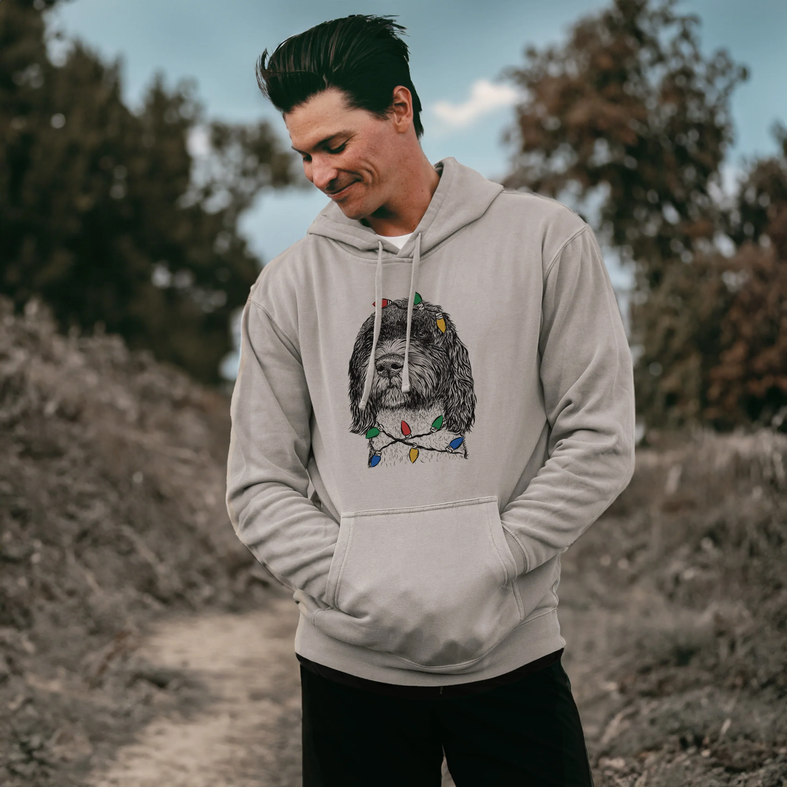 Christmas Lights Chris the Portuguese Water Dog - Unisex Pigment Dyed Hoodie - Image 3