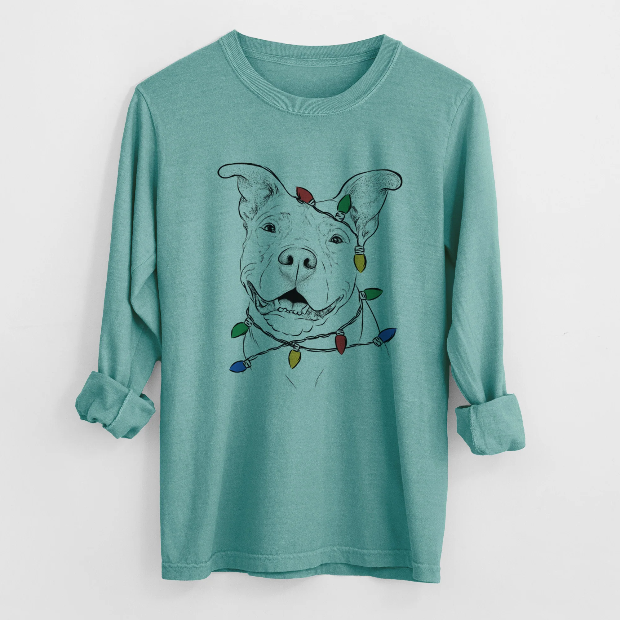 Christmas Lights Malibu the Staffordshire Terrier/Pitbull Mix - Heavyweight 100% Cotton Long Sleeve - Image 8