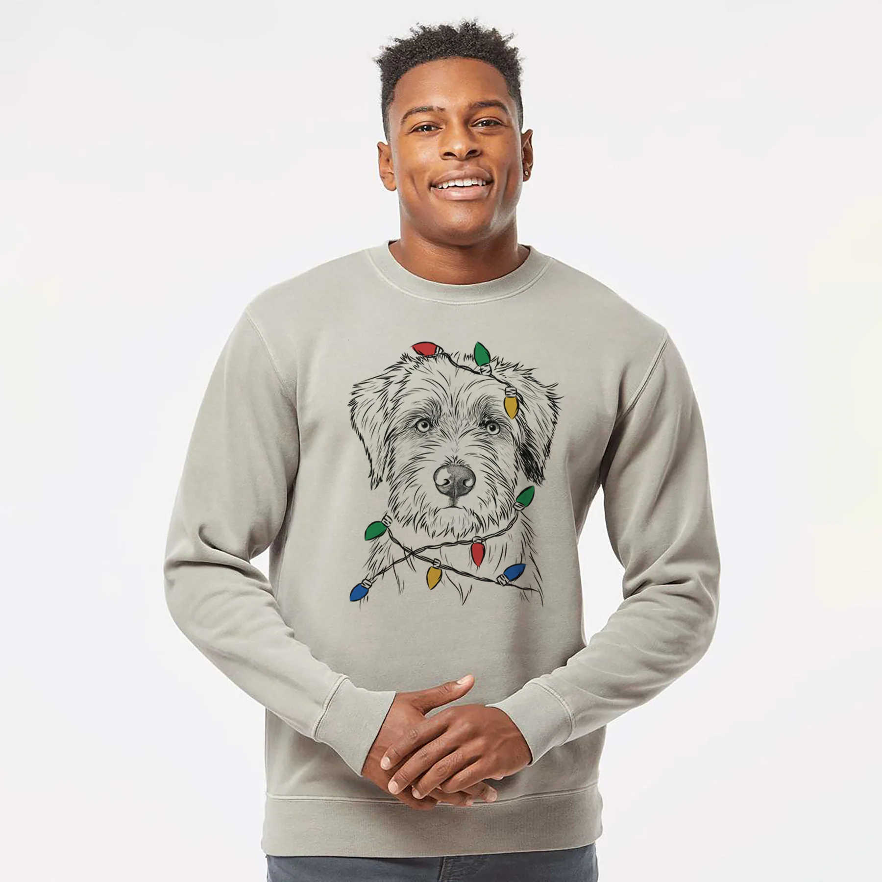 Christmas Lights Marek the Bernedoodle - Unisex Pigment Dyed Crew Sweatshirt - Image 4